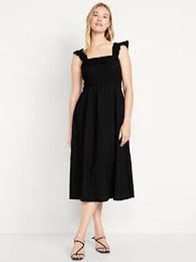 EUC Old Navy Fit & Flare Lightweight Smocked Midi Dress, Black, Size L